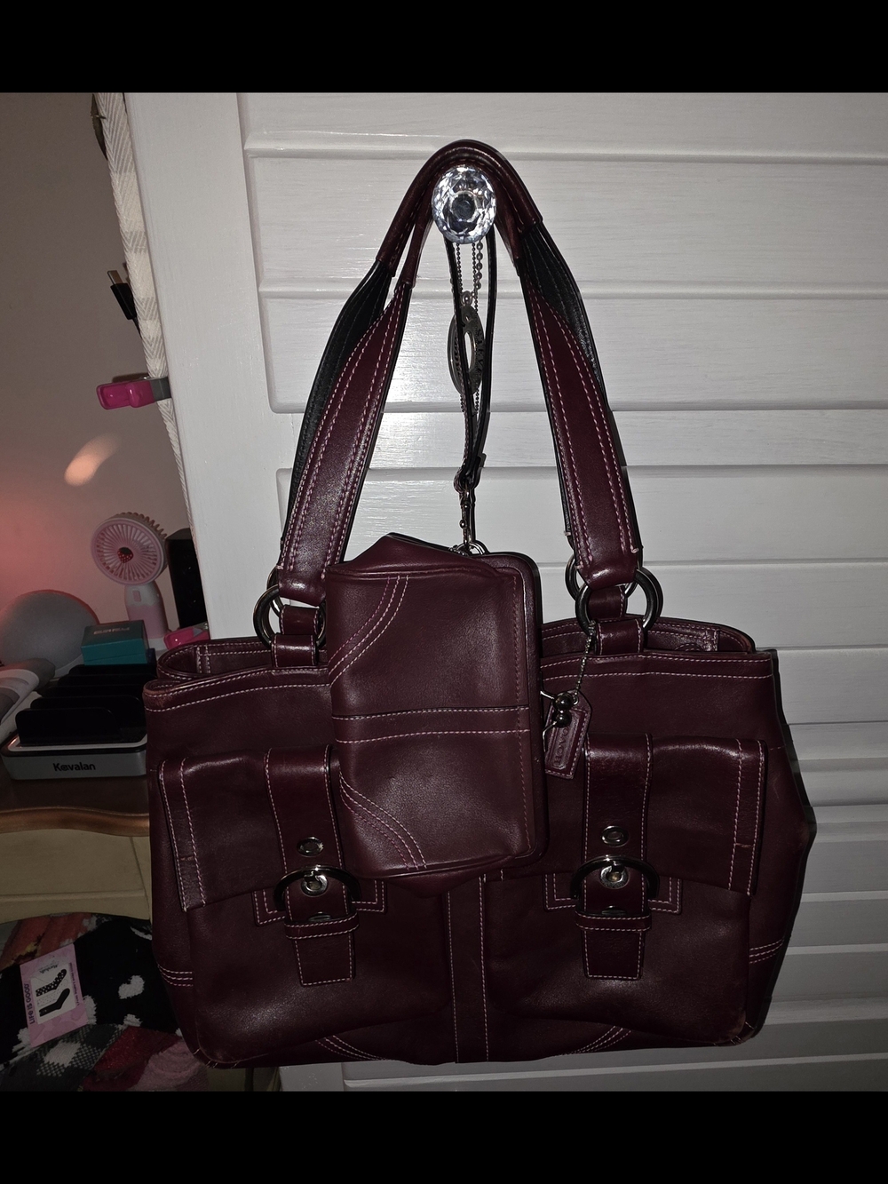 Coach Women's Burgundy Leather Tote Bag with Wristlet & Card Holder